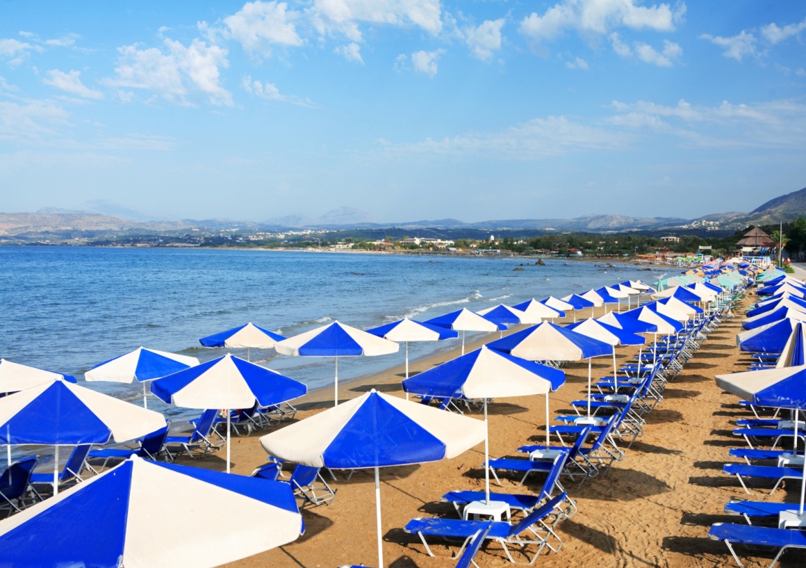 'A view of sunbeds awaiting tourists at the Greek island resort of Georgioupolis on Crete's north coast.' - Chania